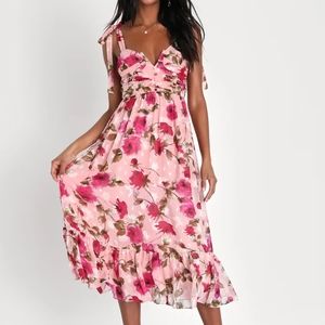 Lulus Lush Loveliness Pink Floral Jacquard Tie-Strap Midi Dress sz XS